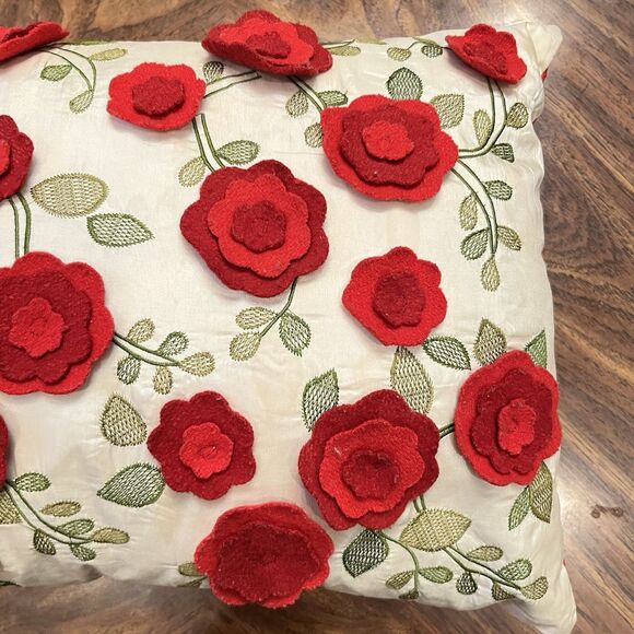Pier 1 One Imports Throw Pillow Down Red Rose Felt Decor 3D Floral Cherry Red - Picture 4 of 11